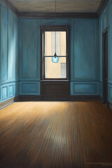 Oil painting of an empty oak paneled room with a single blue lightbulb. AI generative