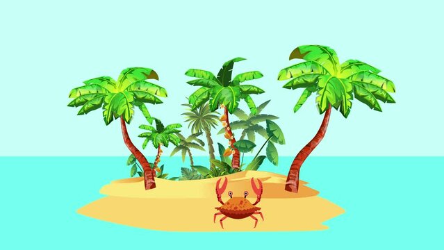 Crab walks on the sand beach palm trees 2d animtion