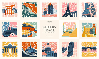Floral and travel abstract elements. Botanical composition. Modern trendy Matisse minimal style. Floral poster, landmark. Vector arrangements for greeting card or invitation design © KozyPlace