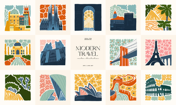 Floral and travel abstract elements. Botanical composition. Modern trendy Matisse minimal style. Floral poster, landmark. Vector arrangements for greeting card or invitation design