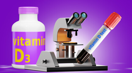 Vitamin D in body. Test tube with blood near microscope. Analysis for presence of vitamin D. Jar of...