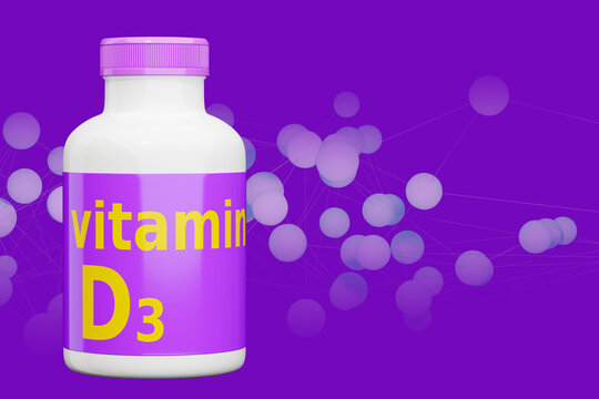 Packing with vitamins. D3 drug packaged. Medicines for immunity. Vitamin D3 on purple. Biologically active substances. Immunity care. Concept of sale of vitamin D3. Health support tablets. 3d image