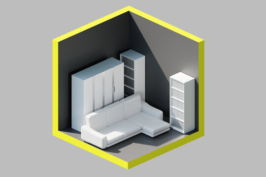 Storage space. Furniture warehouse. Square storage space in section. Warehouse of unwanted furniture. Concept rent storage space. Small warehouse area with sofa and wardrobes. 3d image