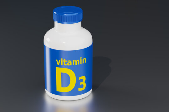 Food supplement D 3. Jar of vitamins. Biologically active additives. Vitamins D logo on label. Packaging with vitamins on dark background. Cholecalciferol to prevent disease. 3d image