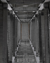 Aluminum construction. Iron staircase, top down view.Structure, texture