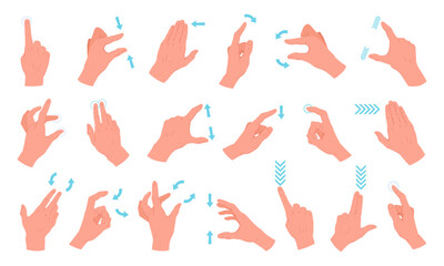 Gadget screen touch gestures. Cartoon hand gestures, smartphone screen tap, pinch, swipe, rotate, and zoom gestures flat vector illustration set. Touchscreen gesture collection