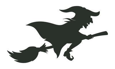 Cartoon flying witch silhouette. Witch flying on broomstick, Halloween magic character, scary witch personage flat vector illustration