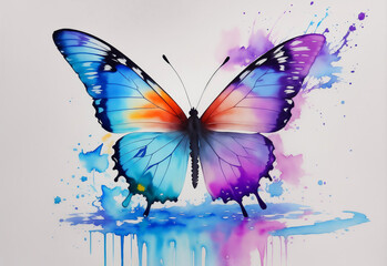 Obraz na płótnie Canvas Watercolor Animal Illustration with Beautiful Colorful Butterfly on White Background. Aquarel Painted Style Zoo Wallpaper Design for Banner, Poster, Invitation or Cover. AI Generated.