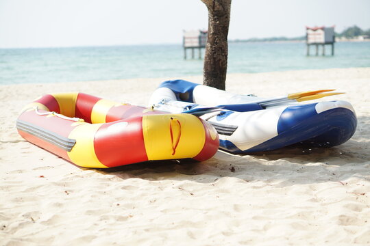 Colorful float tube rental service for swimming at "Pasir Putih Bandengan" Beach, Jepara