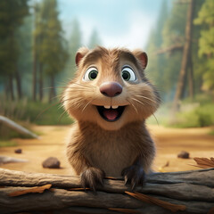 a cute cartoon beaver in the forest with a happy look on his face