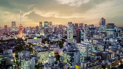 Tokyo cityscape skyline time lapse video from roof top with urban skyscrapers, Tokyo, Japan.
