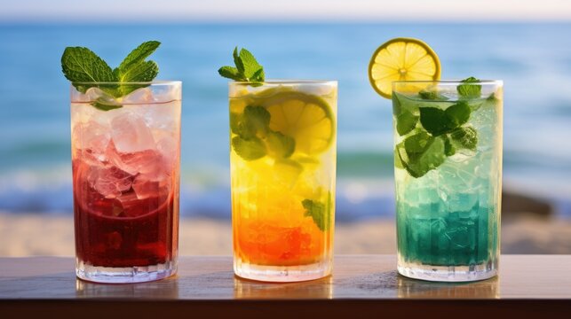 Refreshing alcoholic cocktails with ice, mint and fruit on the bar in close-up against the sea. Sunset. Party