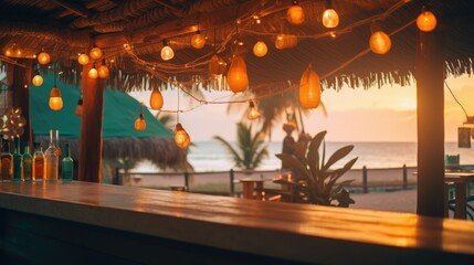 Obraz na płótnie Canvas Bar on the beach at sunset, party, view from the bar to the beach and Palms. Cozy atmosphere, mocap
