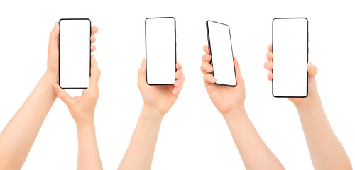 Obraz na płótnie Canvas Set of Woman hands using smartphone with blank screen, isolated on transparent background
