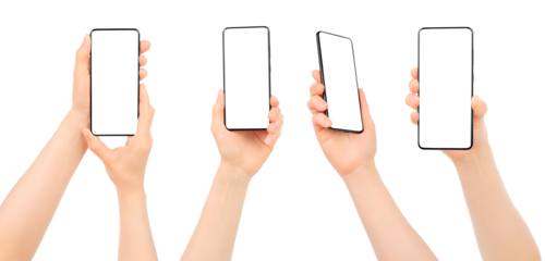 Set of Woman hands using smartphone with blank screen, isolated on transparent background