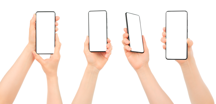Set of Woman hands using smartphone with blank screen, isolated on transparent background - Powered by Adobe