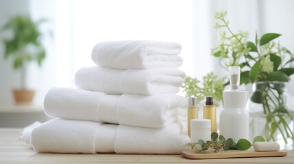 Towels with herbal bags and beauty treatment items setting in spa center in white room, Generative AI - obrazy, fototapety, plakaty