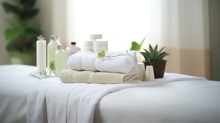 Towels with herbal bags and beauty treatment items setting in spa center in white room, Generative AI