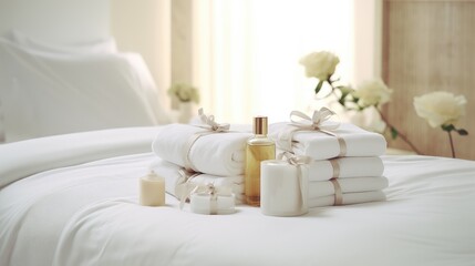 Fototapeta na wymiar Towels with herbal bags and beauty treatment items setting in spa center in white room, Generative AI