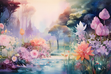 Plakat Illustration in watercolor style depicting a flower garden, with splashes of paint and soft colors. Generative AI.