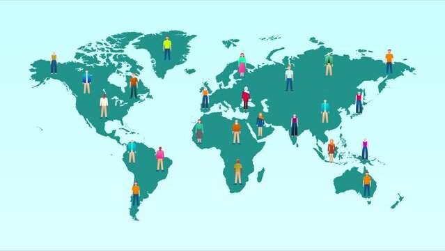 Animation of Global Diversity on World Map with Represented People Across Continents. World population.