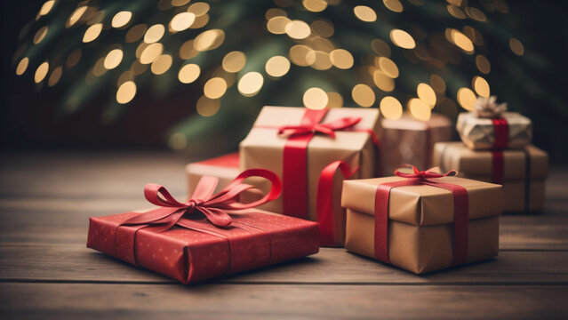 Christmas Gift Boxes On A Wooden Table Under Soft Lighting. AI Generated