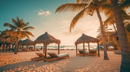 Obraz premium Oceanfront sand beach in a beautiful bay with sun loungers and umbrellas at sunset, wide angle