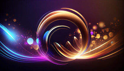 Abstract futuristic background with gold PINK blue glowing neon round high speed wave lines and bokeh lights. Data transfer concept Fantastic wallpaper Ai generated image