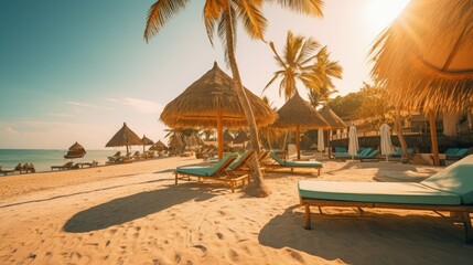 Fototapeta premium Oceanfront sand beach in a beautiful bay with sun loungers and umbrellas at sunset, wide angle