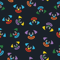 Colorful clown faces seamless pattern on dark background. Hand drawn abstract modern pop simple characters vector illustration.