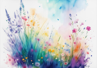 Naklejka na ściany i meble Watercolor Meadow with Colorful Flower Illustration. Summer Flower Field with Paint Splash on Light Background. Vintage Aquarelle Wallpaper Design for Banner, Poster, Invitation or Greeting Card. AI