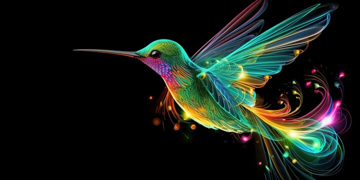 AI Generated. AI Generative. neon Illustration of calibri bird hummingbird. Animal wild life nature vibe decoration design art.  Graphic Art