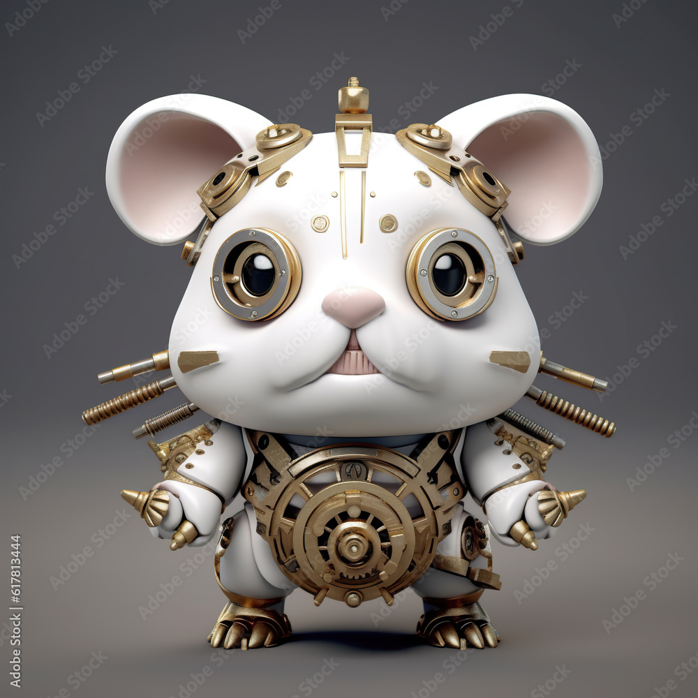 Poster a close up of a toy mouse with a clock on it's face. generative ai. mechanical creature.