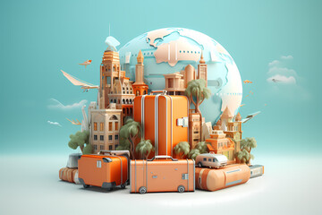 Minimalist Geometric Travel Adventure: Backpack, Vehicle, and Journey Around the World in Style, generative ai.