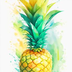 Watercolor Ripe Pineapple Fruit Illustration with Green Leaves and Colorful Paint Splash Isolated on White Background. Aquarelle Wallpaper Design for Banner, Poster, Invitation, Menu or Card. AI