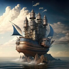 Fantasy poster, 3D wallpaper, Three-dimensional painting, Flying Ship, Galleon, Vessel. THE GALLEON TOWN. Population of a flying galleon stranded on the cliff between the waters. Generative Ai