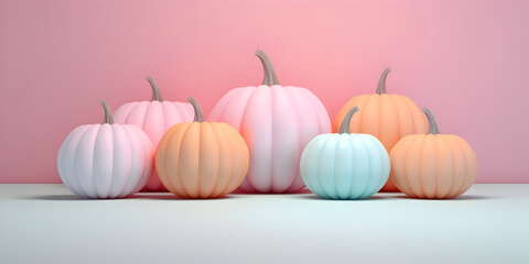 Seven pumpkins on light background. Autumn harvest, fall still life, minimalism, bubblegum colors. Side view. Generative AI - obrazy, fototapety, plakaty