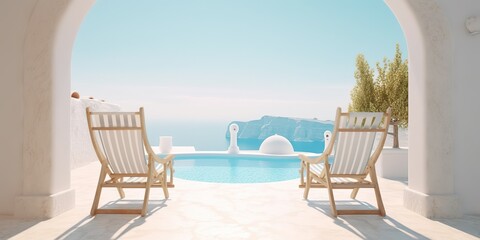 Fototapeta na wymiar AI Generated. AI Generative. Vacation relax adventure vibe. Two white wood chair at pool ocean hotel villa. Blue and white colors. Graphic Art