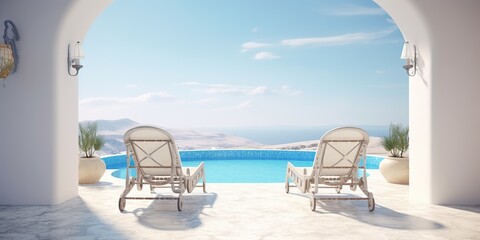 AI Generated. AI Generative. Vacation relax adventure vibe. Two white wood chair at pool ocean hotel villa. Blue and white colors. Graphic Art