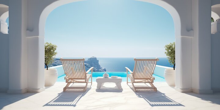 AI Generated. AI Generative. Vacation relax adventure vibe. Two white wood chair at pool ocean hotel villa. Blue and white colors. Graphic Art
