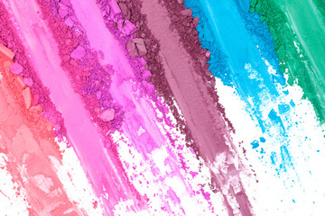 Broken and smashed make-up eyeshadow pallete on transparent background, top view