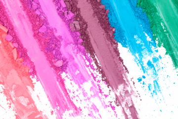 Broken and smashed make-up eyeshadow pallete on transparent background, top view