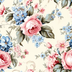 Gardinen Seamless pattern featuring small repeating roses in shades of blue and pale pink. This vintage-inspired wallpaper design evokes a charming and timeless feel © eugenegg