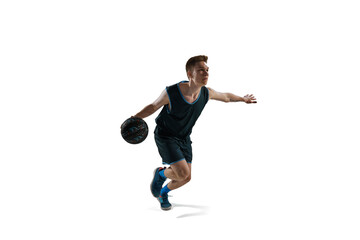 Fototapeta na wymiar Dynamic image of young man, athlete running with ball, playing basketball isolated against white background. Concept of sport, action and motion, health, game, hobby, sportswear, ad