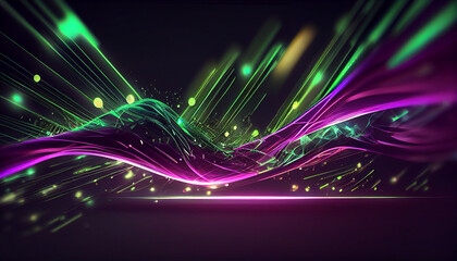 Abstract futuristic background with green purple glowing neon moving high speed wave lines and bokeh lights. Data transfer concept Fantastic wallpaper Ai generated image