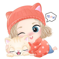 Cute lovely girl with cat watercolor illustration