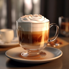 Cappuccino coffee is served on the table using a transparent glass cup. Show the layer of the drink.