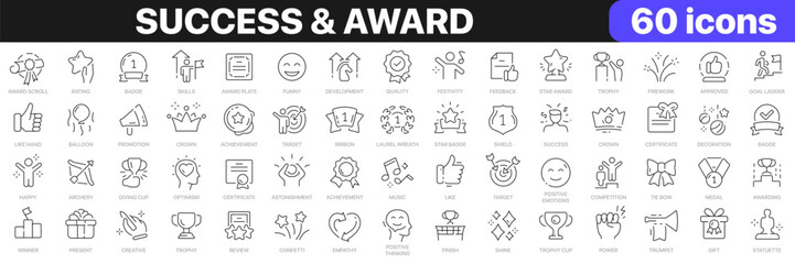 Success and award line icons collection. Development, target, trophy, feedback icons. UI icon set. Thin outline icons pack. Vector illustration EPS10