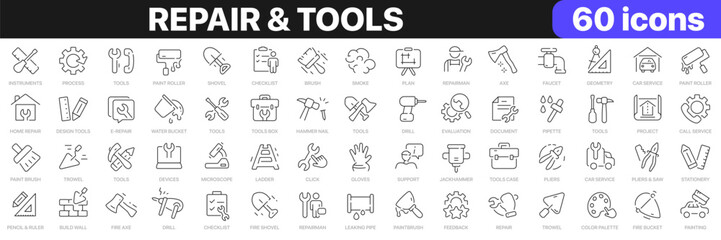 Repair and tools line icons collection. Instruments, construction, brush icons. UI icon set. Thin outline icons pack. Vector illustration EPS10