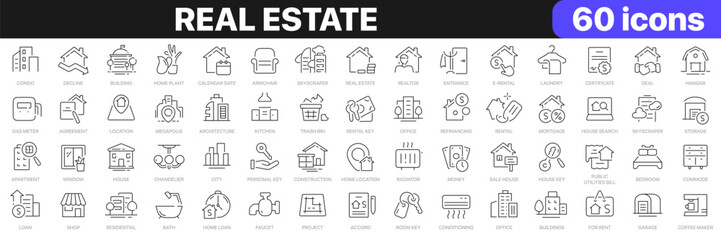 Real estate line icons collection. Buildings, rent, city, interior, house icons. UI icon set. Thin outline icons pack. Vector illustration EPS10